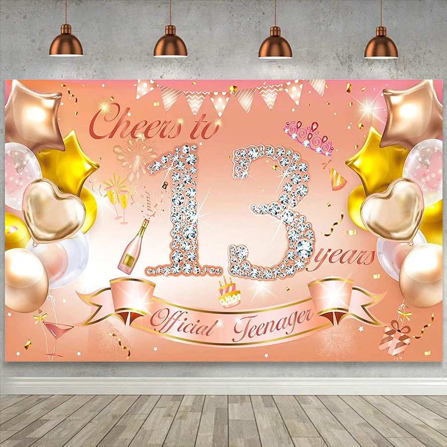 Happy 13th Birthday Party Decor Backdrop Banner Poster 13 Years Old Anniversary for Girl Bday Rose Gold Balloon Photo Background
Happy 13th Birthday Party Decor Backdrop Banner Poster 13 Years Old Anniversary for Girl Bday Rose Gold Balloon Photo Background