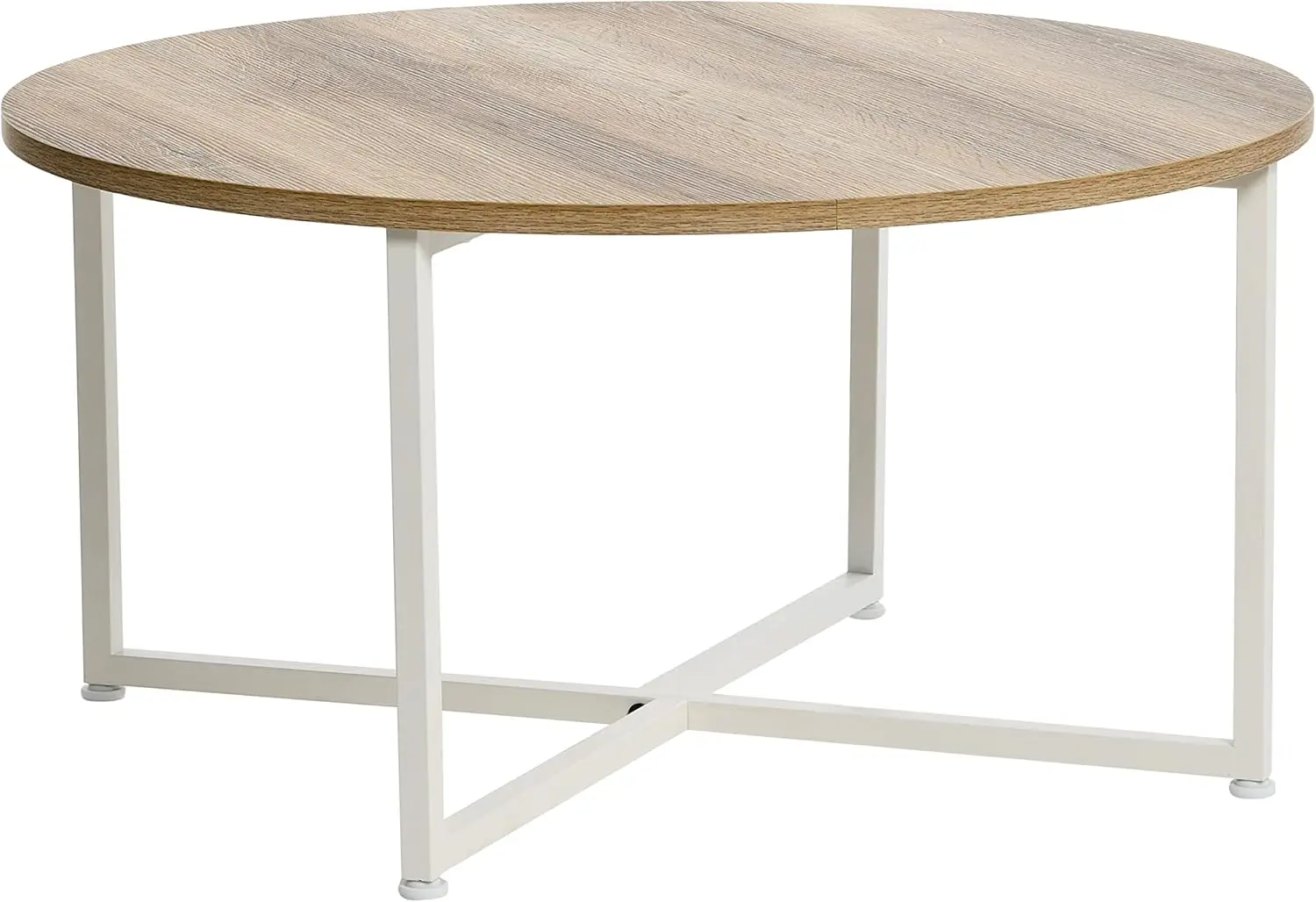 Essentials Round Coffee Table Coastal Oak Rustic Wood Grain And White Metal
Essentials Round Coffee Table Coastal Oak Rustic Wood Grain And White Metal