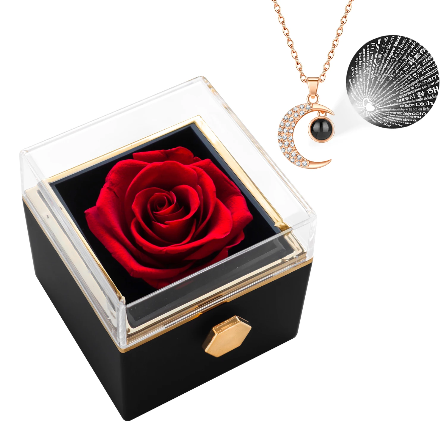Rotating Eternal Flower Jewelry Box with "I Love You" necklace Set in 100 languages Birthday Valentine's Day Mother's Day Gift
Rotating Eternal Flower Jewelry Box with "I Love You" necklace Set in 100 languages Birthday Valentine's Day Mother's Day Gift