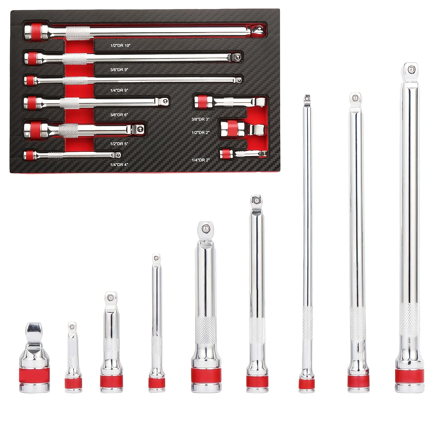 9-Piece Swing Extension Set, 1/4", 3/8", and 1/2" Drive Ratchet Extension Set, Flexible, Chrome Vanadium Steel
9-Piece Swing Extension Set, 1/4", 3/8", and 1/2" Drive Ratchet Extension Set, Flexible, Chrome Vanadium Steel