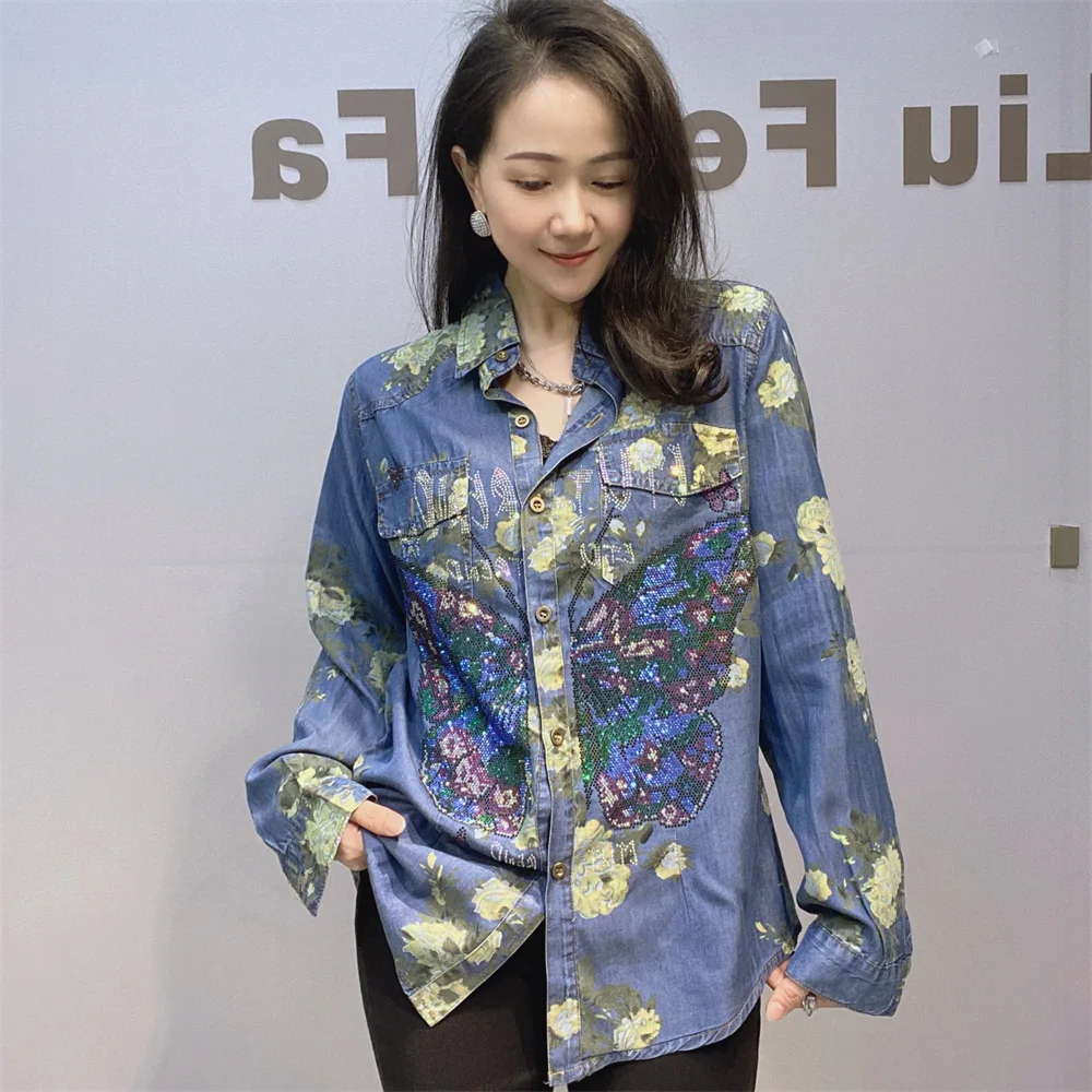 Summer Thin Long Sleeve Denim Shirts Women Clothes Floral Printed Butterfly Diamonds Loose Jeans Blouse Costs Camisa Feminina
Summer Thin Long Sleeve Denim Shirts Women Clothes Floral Printed Butterfly Diamonds Loose Jeans Blouse Costs Camisa Feminina