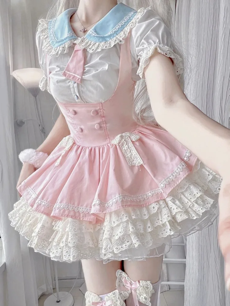Summer Kawaii Lolita Style 2 Piece Set Women Casual Y2k Slim Shirt + Elegant Lace Cake Dress Japanese Fashion Cute Outfits New
Summer Kawaii Lolita Style 2 Piece Set Women Casual Y2k Slim Shirt + Elegant Lace Cake Dress Japanese Fashion Cute Outfits New