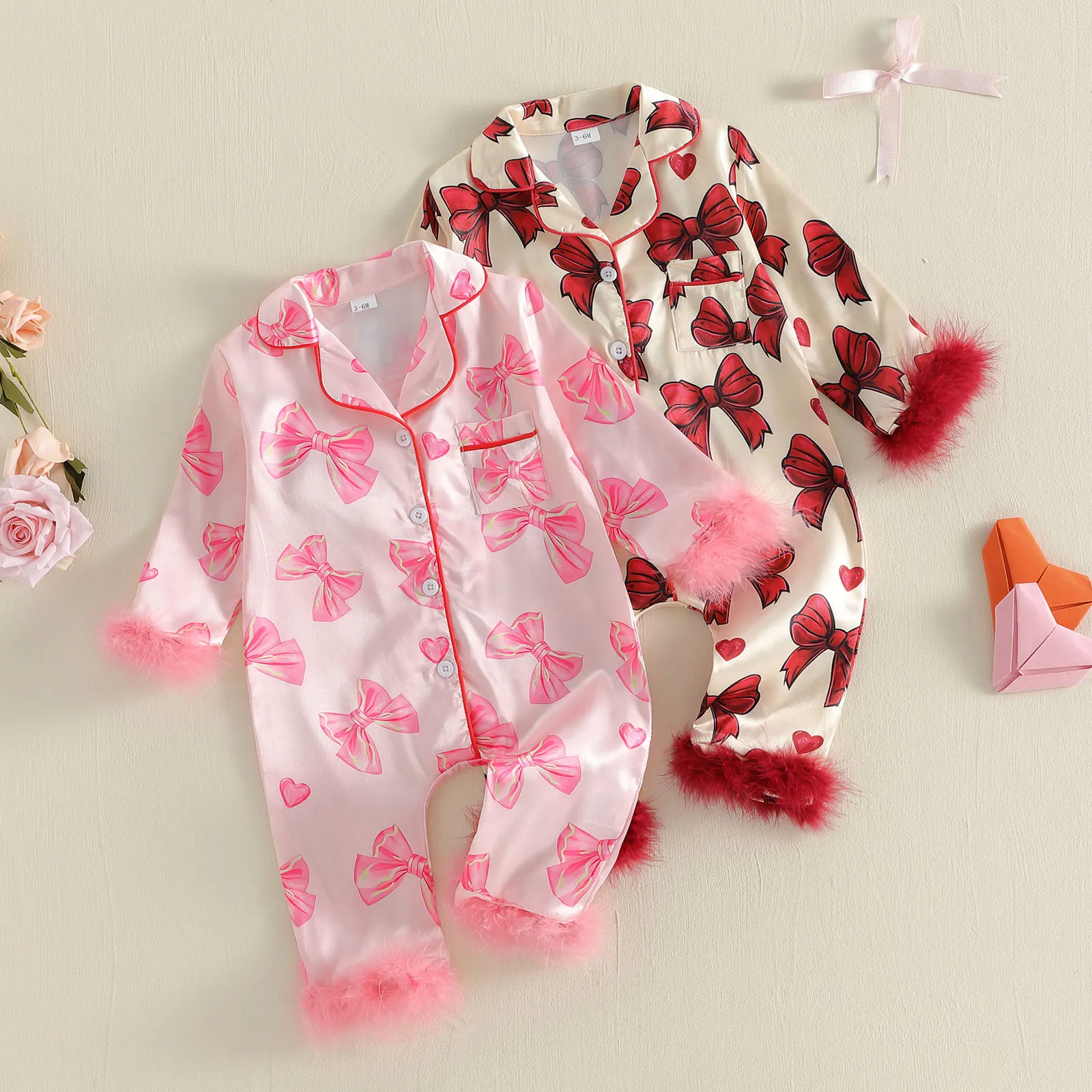 Baby Girl Spring Pajamas Bow Heart Print Fur Trim Button Down Lapel V Neck Long Sleeve Romper
Baby Girl Spring Pajamas Bow Heart Print Fur Trim Button Down Lapel V Neck Long Sleeve Romper