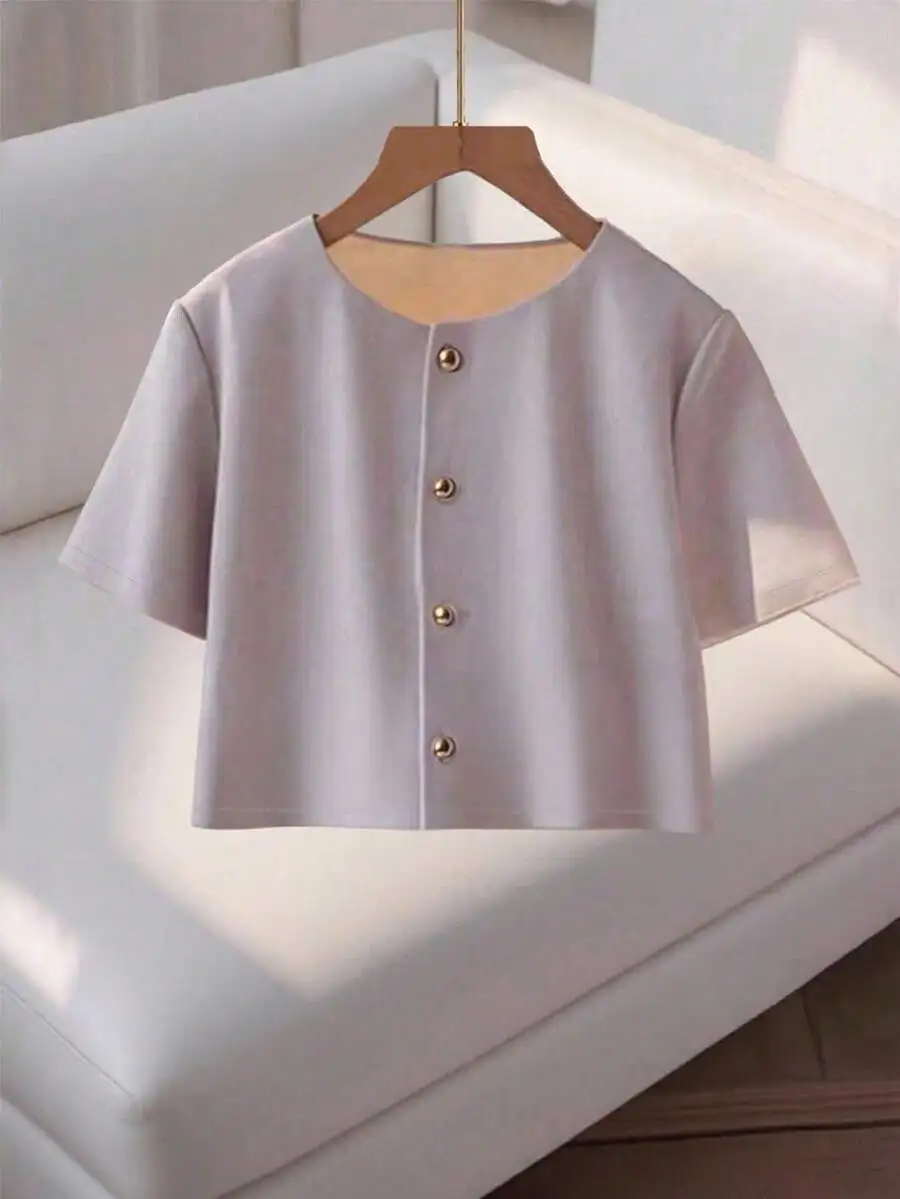 Elegant Round Neck Short Sleeve Button-Up Blouse For Women
Elegant Round Neck Short Sleeve Button-Up Blouse For Women