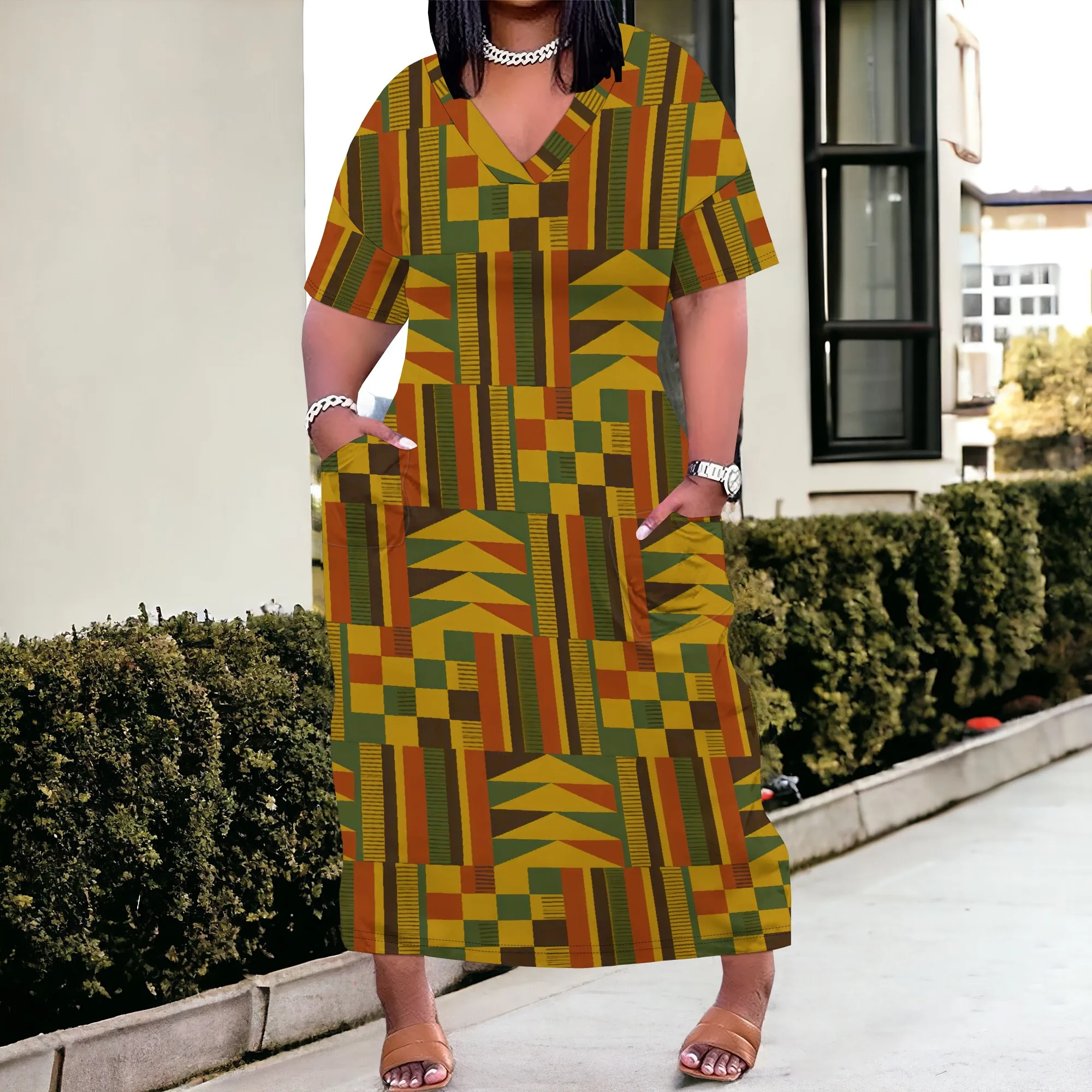 Women's African Kente Print Maxi Dress V Neck Short Sleeve Loose Fit Summer Ethnic Dashiki Dress With Pockets XL-6XL
Women's African Kente Print Maxi Dress V Neck Short Sleeve Loose Fit Summer Ethnic Dashiki Dress With Pockets XL-6XL