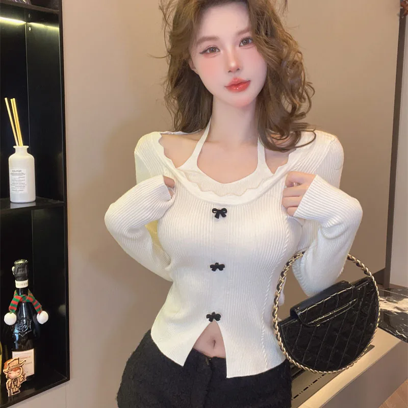 Women's Sexy Halter Pullovers Spring New Fashion Solid Chic Fake Two Pieces Sweaters Vintage Elegant Bow Knitted Tops
Women's Sexy Halter Pullovers Spring New Fashion Solid Chic Fake Two Pieces Sweaters Vintage Elegant Bow Knitted Tops