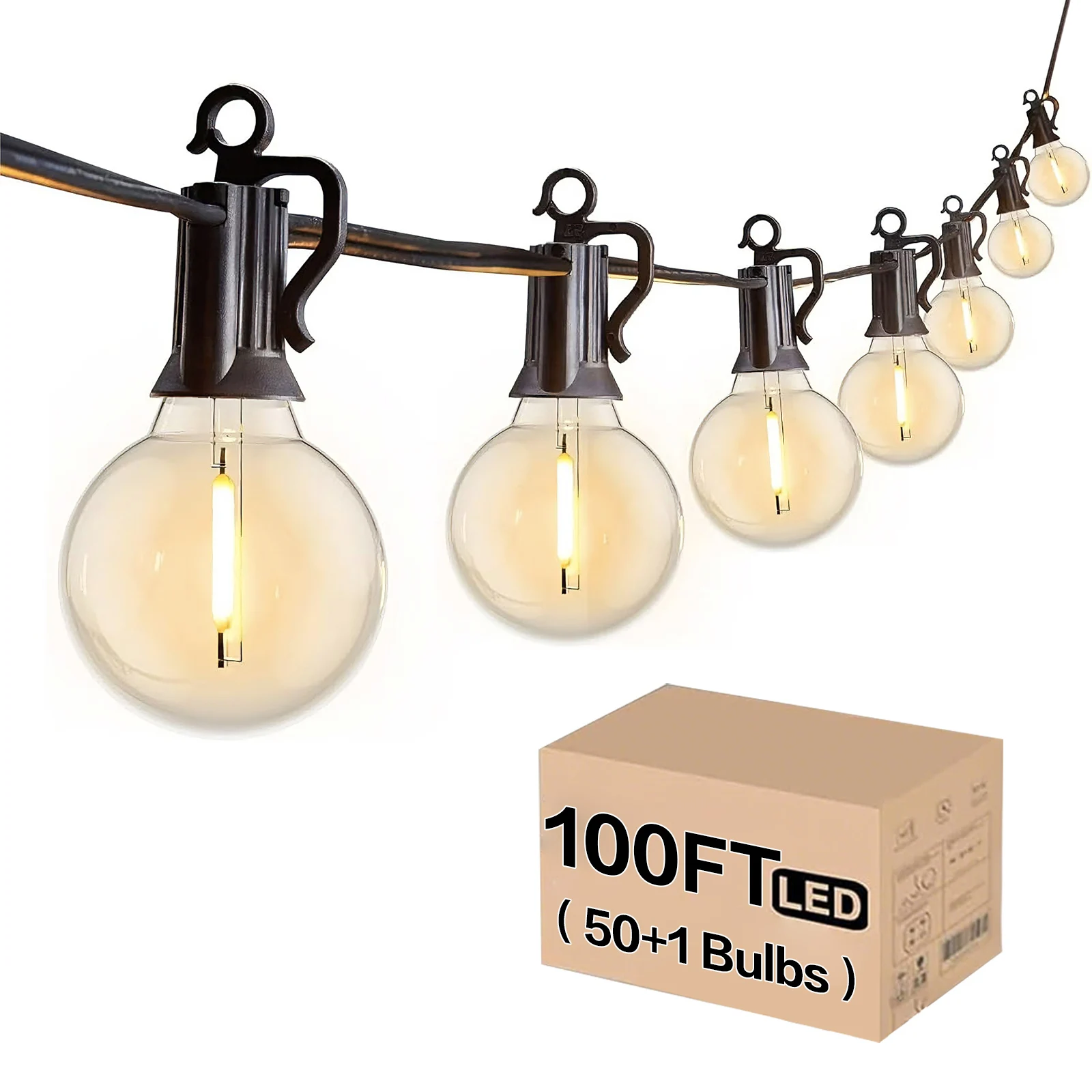 100FT G40 High Voltage String Lights, 50 Warm White 2700K Bulbs, E12 Base, Black Wire with Hooks & Replaceable Wire
100FT G40 High Voltage String Lights, 50 Warm White 2700K Bulbs, E12 Base, Black Wire with Hooks & Replaceable Wire