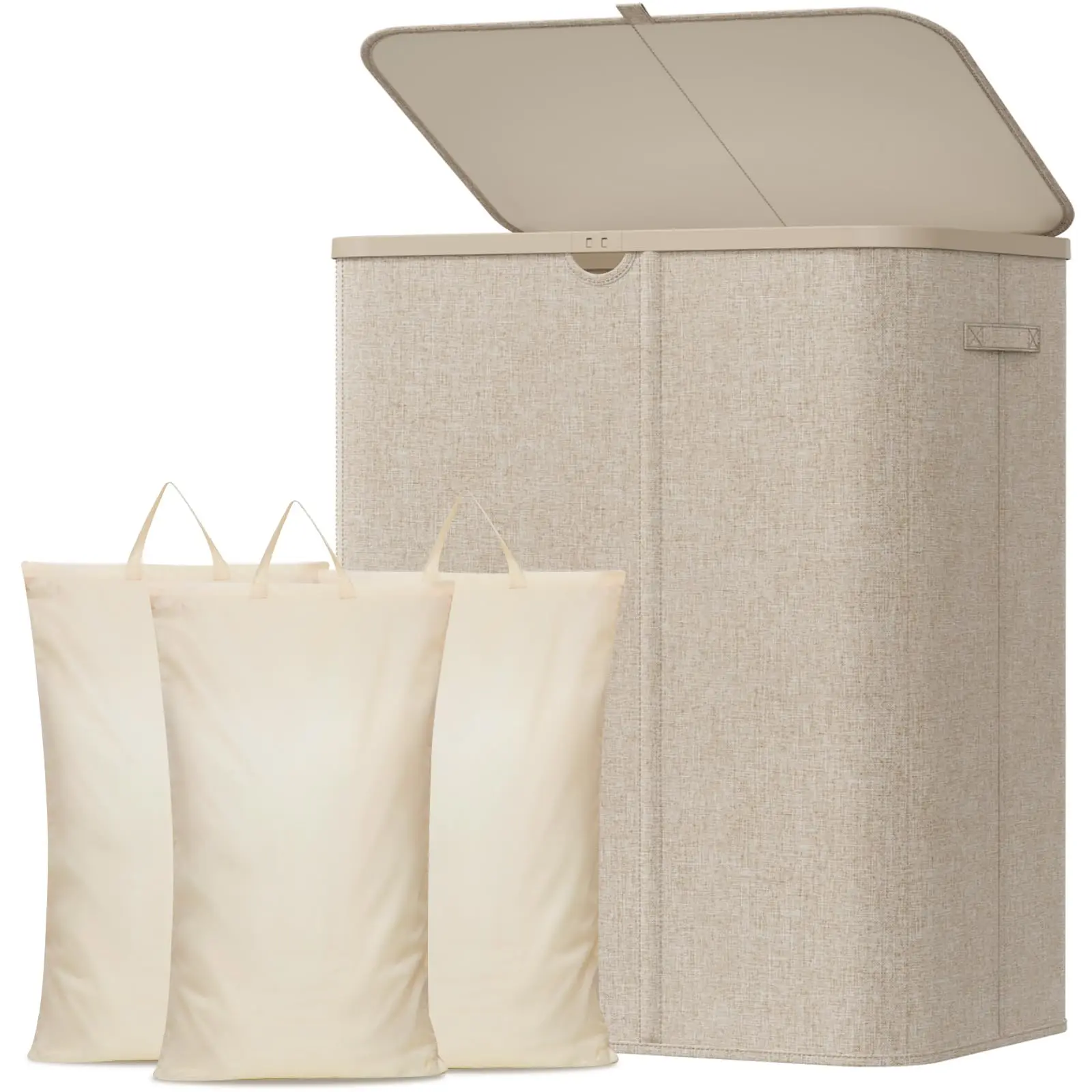 Beige 185L Tall Foldable Laundry Hamper With Hinged Lid, Three Removable Liners And Woven Fabric Body For Bedroom Or Bathroom
Beige 185L Tall Foldable Laundry Hamper With Hinged Lid, Three Removable Liners And Woven Fabric Body For Bedroom Or Bathroom