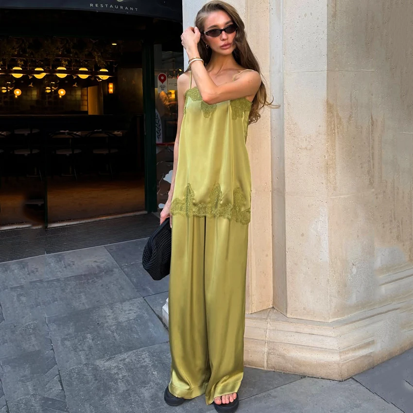 Linad Casual Satin Long Wide Leg Pants Suits Sexy Lace Spaghetti Strap Vest With Loose Trousers 2 Piece Sets 2026 Vintage Outfit
Linad Casual Satin Long Wide Leg Pants Suits Sexy Lace Spaghetti Strap Vest With Loose Trousers 2 Piece Sets 2026 Vintage Outfit