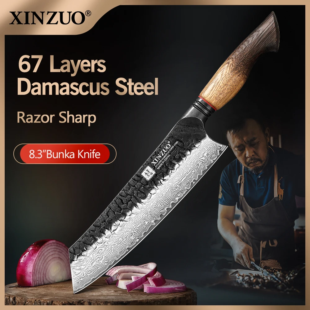 XINZUO 8.31 Inch Bunka Chef Knife Choice 67-Layer Damascus Steel 60±2 HRC 15°±1 Edges White Oak Red G10 Handle with Gift Box
XINZUO 8.31 Inch Bunka Chef Knife Choice 67-Layer Damascus Steel 60±2 HRC 15°±1 Edges White Oak Red G10 Handle with Gift Box