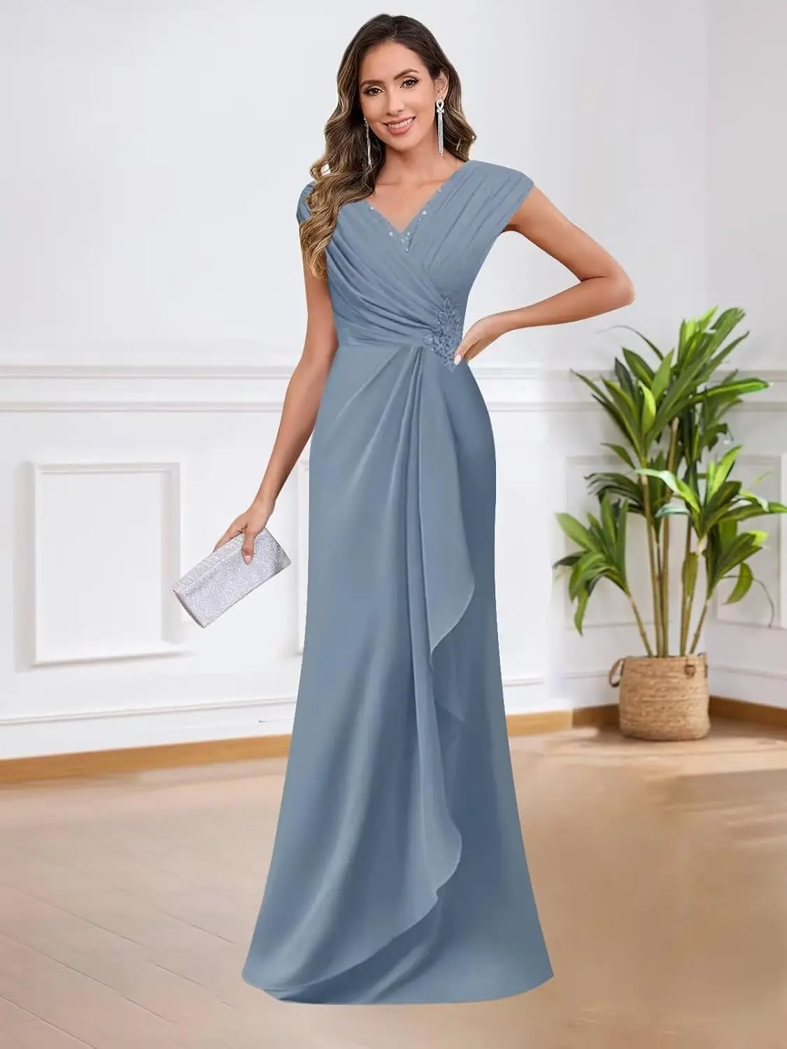 Cap Sleeve Chiffon Mother of The Bride Dresses for Wedding V Neck Mermaid Pleated Long Formal Wedding Guest Dress
Cap Sleeve Chiffon Mother of The Bride Dresses for Wedding V Neck Mermaid Pleated Long Formal Wedding Guest Dress