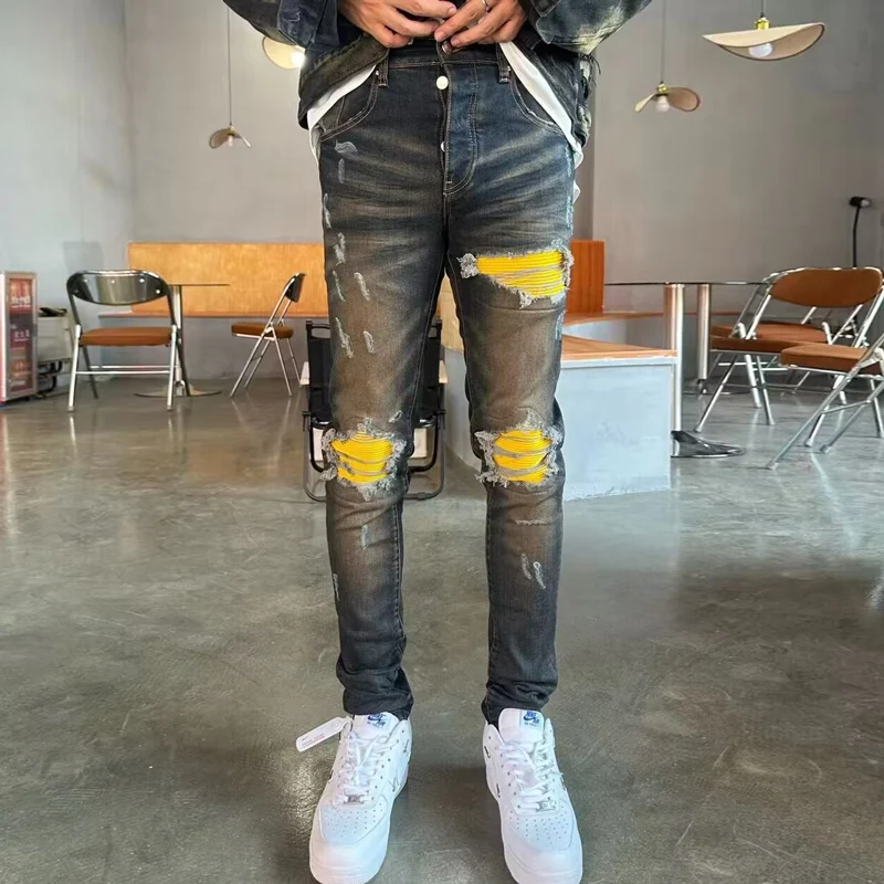 Street fashion men's jeans retro elastic slim fit perforated patch dark blue trendy tapered pants men's Y2K
Street fashion men's jeans retro elastic slim fit perforated patch dark blue trendy tapered pants men's Y2K