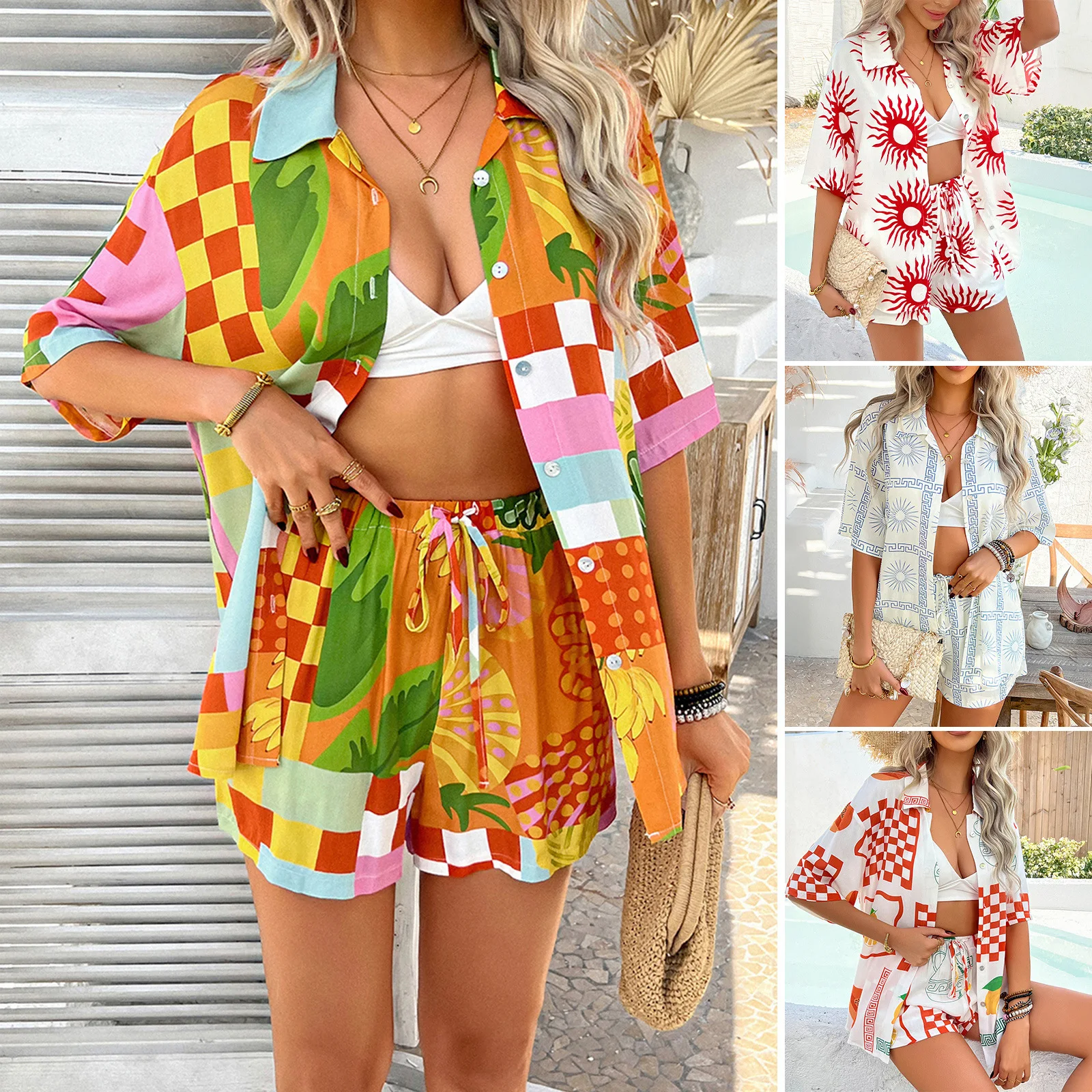 High Quality Hot Selling 2025 Boho Casual Printed Shirt Contrasting Color Cardigan Drawstring Shorts Set Wholesale Womens Tops
High Quality Hot Selling 2025 Boho Casual Printed Shirt Contrasting Color Cardigan Drawstring Shorts Set Wholesale Womens Tops