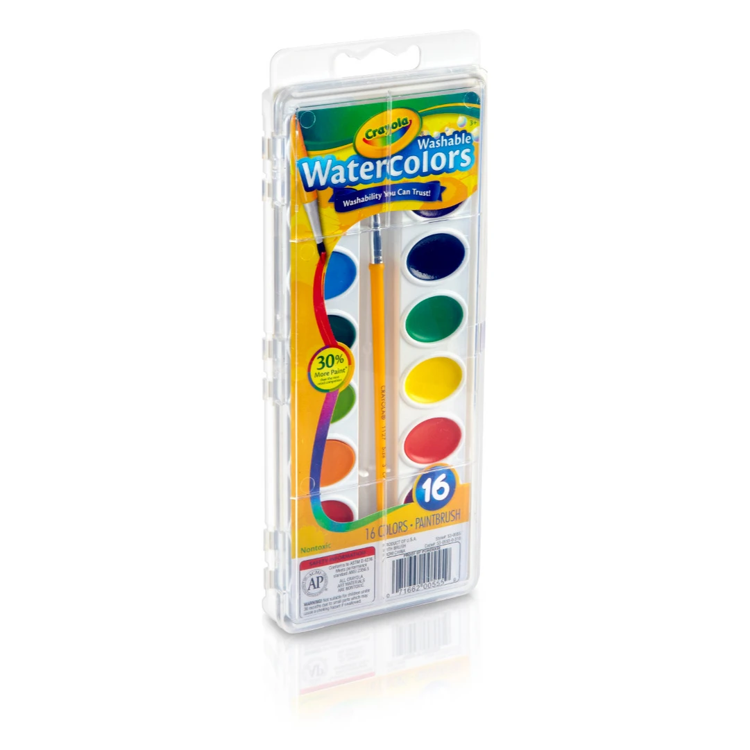 Моющиеся акварельные краски Crayola, 16 цветов и кисточка в пластиковом футляре 53-0555
Моющиеся акварельные краски Crayola, 16 цветов и кисточка в пластиковом футляре 53-0555