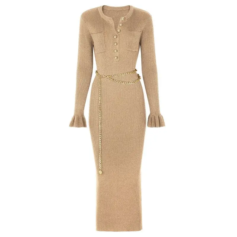 High Quality Fashionable Knitted V-Neck Slimming Belt Long Sleeve Dress mid Waist Citywalk Suitable Women's Dress for Autumn
High Quality Fashionable Knitted V-Neck Slimming Belt Long Sleeve Dress mid Waist Citywalk Suitable Women's Dress for Autumn