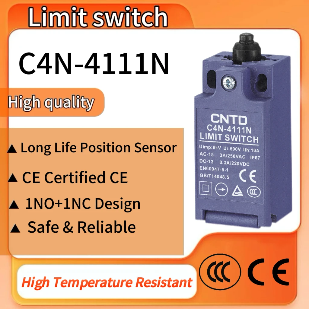 CNTD C4N-4111N Industrial Top Plunger Limit Switch IP67 Forced Disconnect 1NC 1NO Slow Action AC250V 3A DC220V 0.3A CE TUV CCC
CNTD C4N-4111N Industrial Top Plunger Limit Switch IP67 Forced Disconnect 1NC 1NO Slow Action AC250V 3A DC220V 0.3A CE TUV CCC