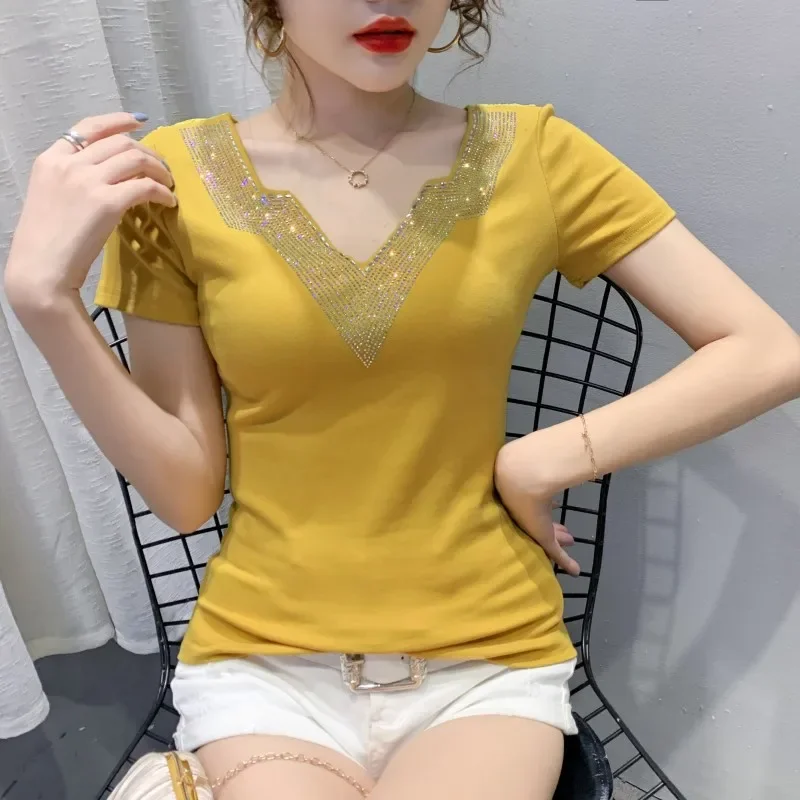 European Summer New Design Sense Beautiful T-Shirt Back Hot Diamond Fashion Versatile Women's Tops Tees Blouse Shirts ZT41 
European Summer New Design Sense Beautiful T-Shirt Back Hot Diamond Fashion Versatile Women's Tops Tees Blouse Shirts ZT41