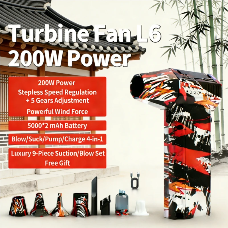 200W Turbine Fan L6: 4-in-1 Blow-Suck-Pump-Charge, Long-Lasting Dual Battery + Complete 4-Piece Accessory Kit
200W Turbine Fan L6: 4-in-1 Blow-Suck-Pump-Charge, Long-Lasting Dual Battery + Complete 4-Piece Accessory Kit