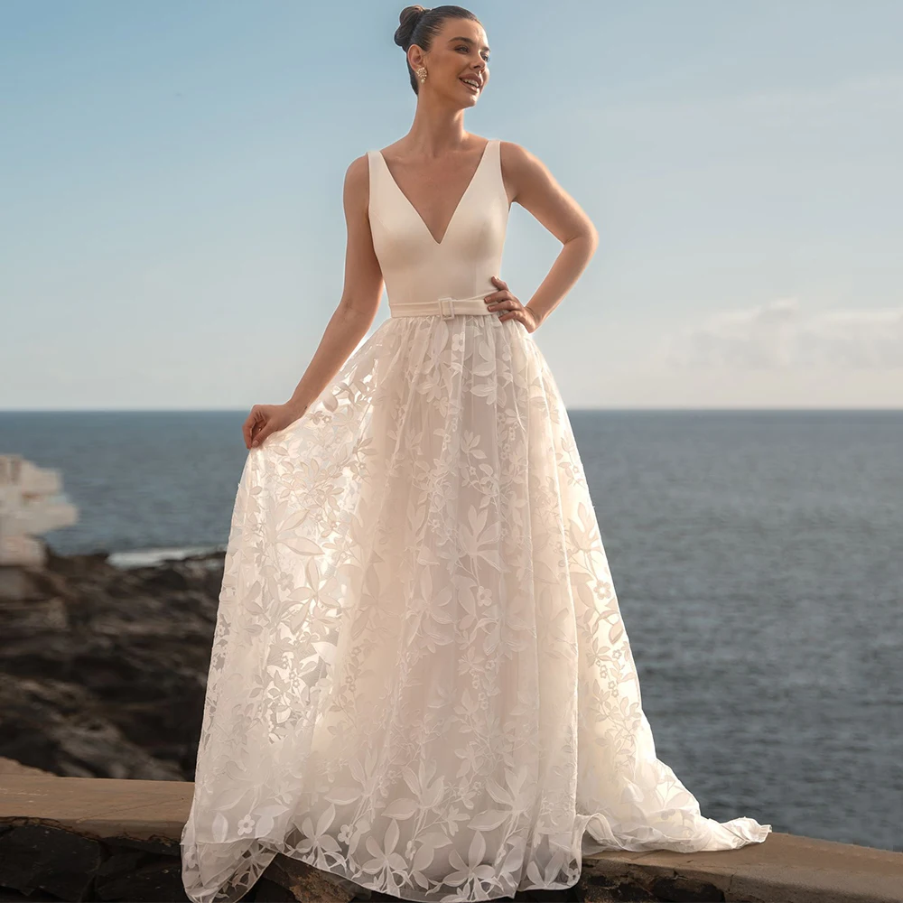 Bohemian Deep V Neck Tulle Bodice Floral Lace A-Line Wedding Dress with Belt Customized Women Sleeveless Open Back Bridal Gwns
Bohemian Deep V Neck Tulle Bodice Floral Lace A-Line Wedding Dress with Belt Customized Women Sleeveless Open Back Bridal Gwns