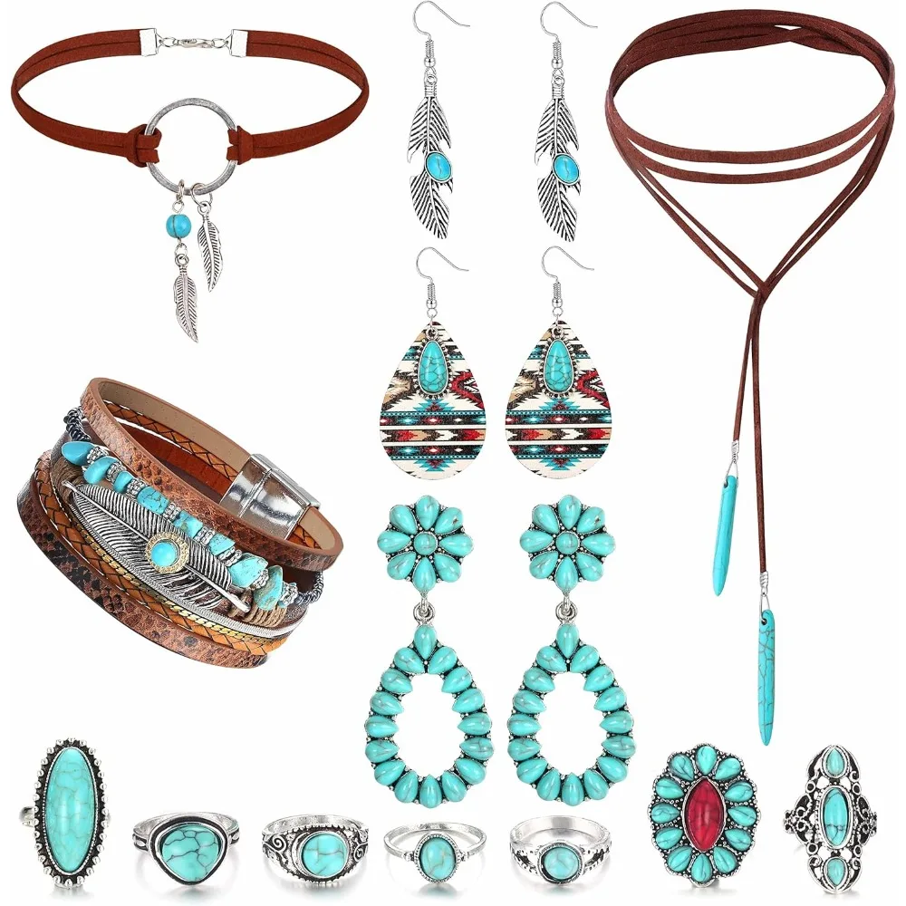 Western Bohemian Jewelry Set Turquoise Faux Leather Cuff Bracelet Pendant Choker Necklace Hoop Dangle Earrings Knuckle Rings
Western Bohemian Jewelry Set Turquoise Faux Leather Cuff Bracelet Pendant Choker Necklace Hoop Dangle Earrings Knuckle Rings