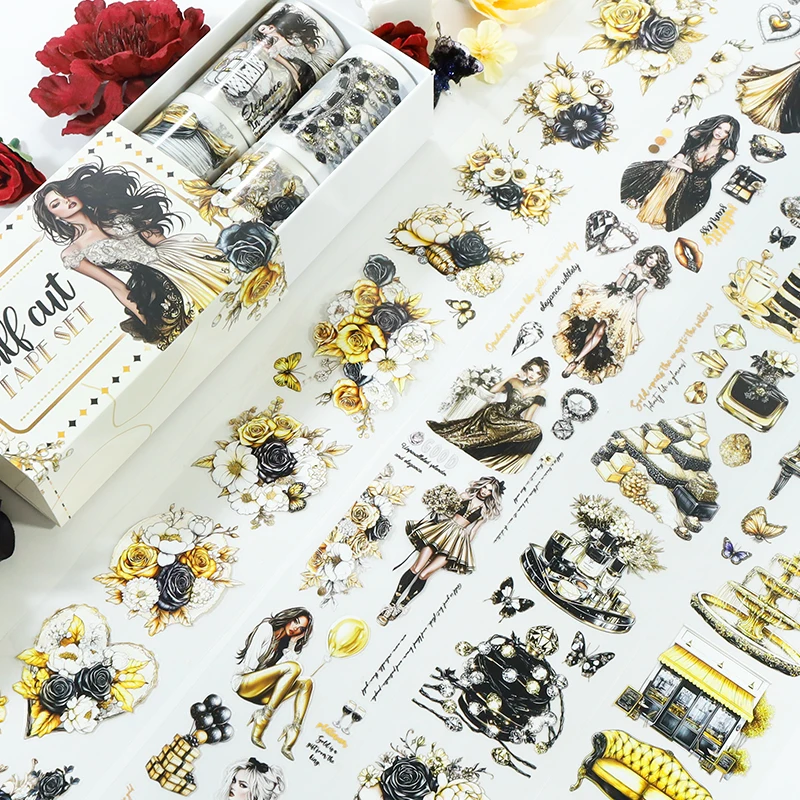 4 Rolls/Set Black Gold Rose PET Washi Tape Decorative Masking Tape For Stickers Scrapbooking Journal Aesthetic Stationery
4 Rolls/Set Black Gold Rose PET Washi Tape Decorative Masking Tape For Stickers Scrapbooking Journal Aesthetic Stationery