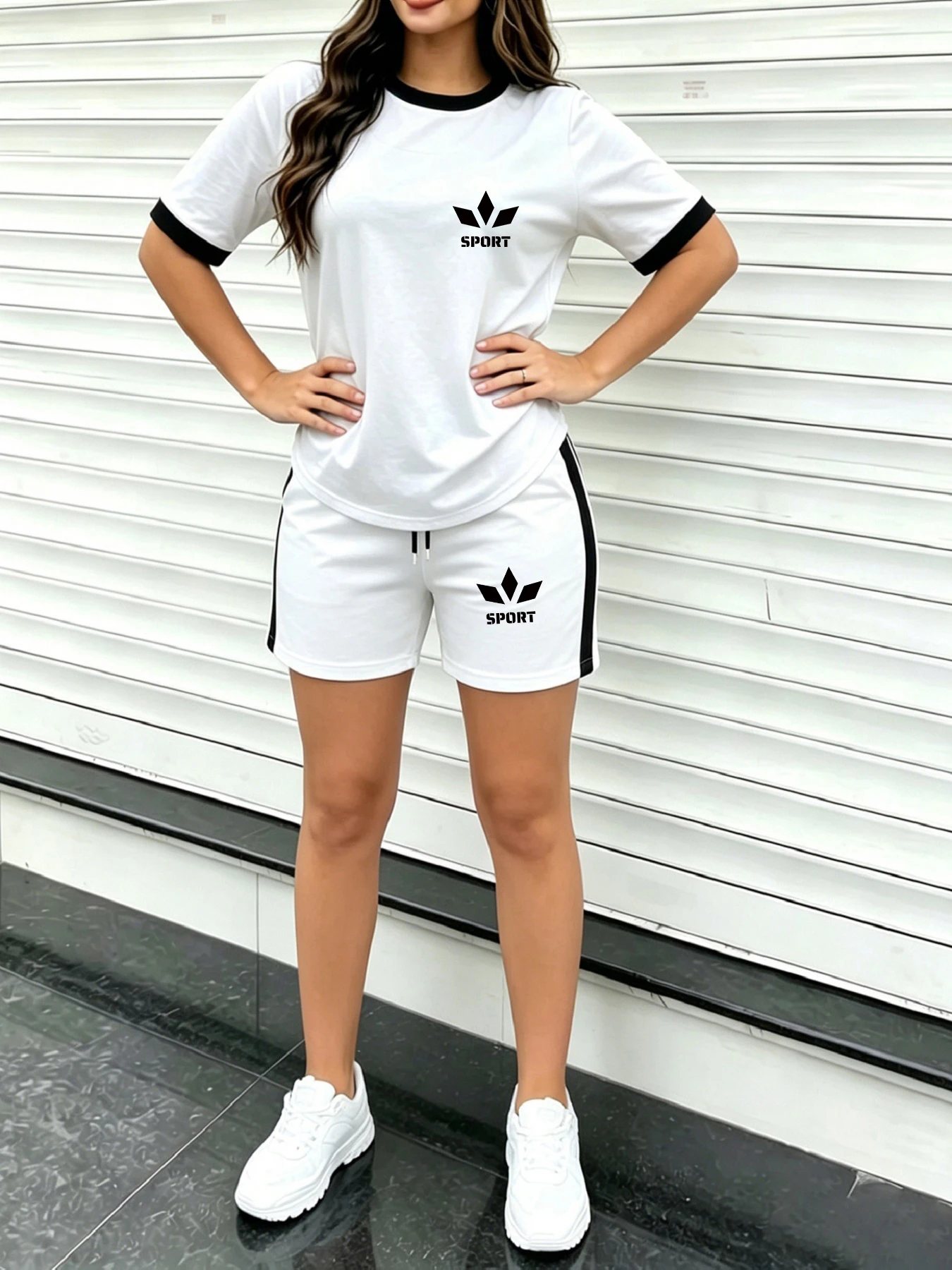 Casual Style Women's Short-Sleeve Shorts Set, Sport Clover Pattern Print, Color-Blocked Round-Neck Short-Sleeve Top + Side-Striped Shorts, Slim-Fit Casual Women's Set, Sweet, Retro, Comfortable, and Casual Wear, Suitable for Daily Commuting, Going Out for
Casual Style Women's Short-Sleeve Shorts Set, Sport Clover Pattern Print, Color-Blocked Round-Neck Short-Sleeve Top + Side-Striped Shorts, Slim-Fit Casual Women's Set, Sweet, Retro, Comfortable, and Casual Wear, Suitable for Daily Commuting, Going Out for