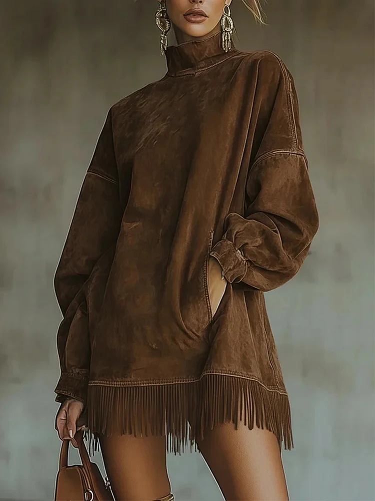 Women Vintage Elegant Suede Tassel Mini Dress High Neck Long Sleeve Pockets Fringe Hem Dress Fashion Solid Autumn Party Dresses
Women Vintage Elegant Suede Tassel Mini Dress High Neck Long Sleeve Pockets Fringe Hem Dress Fashion Solid Autumn Party Dresses