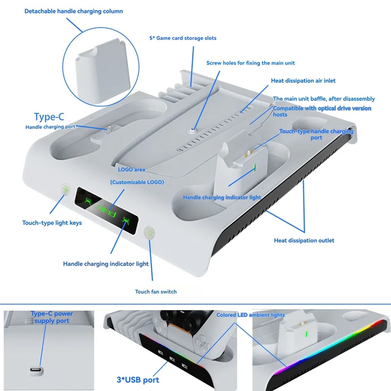 A13E-The Multifunctional Host Cooling Charging Dock Is For PS 5 Slim, Supports Charging 2 Controllers, Has 3 Fan Spee
A13E-The Multifunctional Host Cooling Charging Dock Is For PS 5 Slim, Supports Charging 2 Controllers, Has 3 Fan Spee