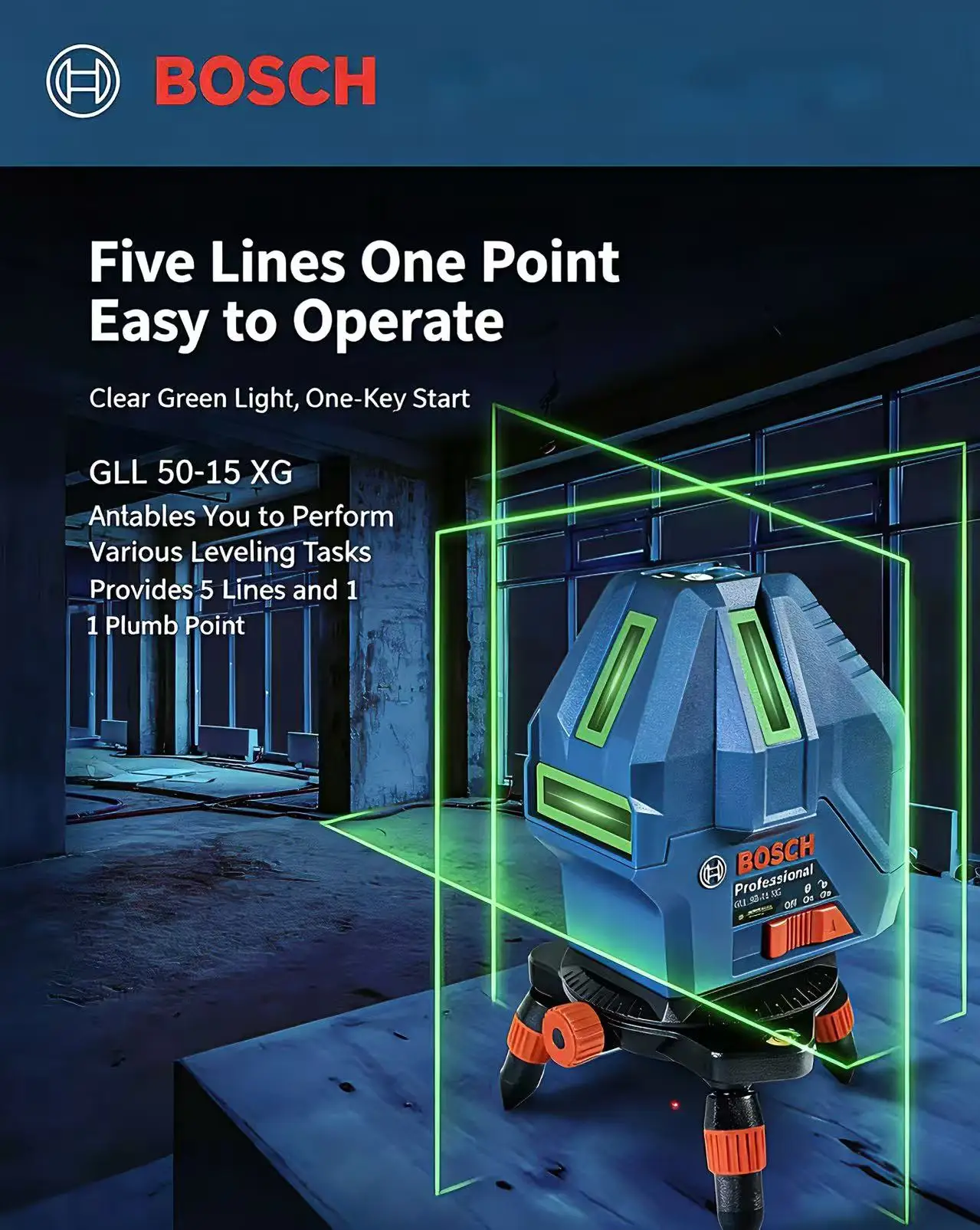 New Bosch GLL 50-15 XG 3-Line Laser, Compact Housing, Vibration Resistant for Consistent Leveling Results
New Bosch GLL 50-15 XG 3-Line Laser, Compact Housing, Vibration Resistant for Consistent Leveling Results