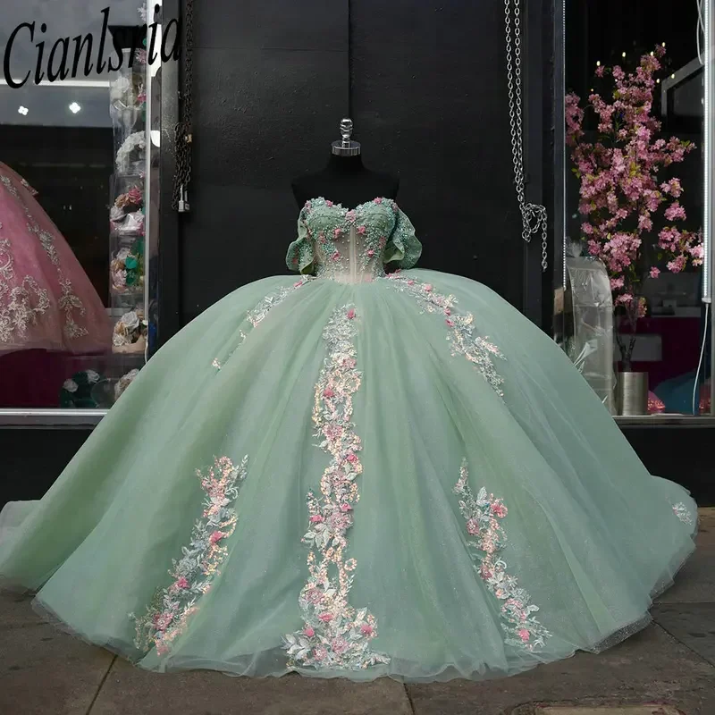 Mint Green Off The Shoulder Quinceanera Dresses Ball Gown Pearls Beading 3D Floral Lace Sweet 15 Años Mexican Customized
Mint Green Off The Shoulder Quinceanera Dresses Ball Gown Pearls Beading 3D Floral Lace Sweet 15 Años Mexican Customized