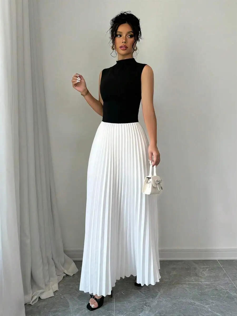 Women's Solid Black Sleeveless High Neck Pleated Maxi Skirt Set
Women's Solid Black Sleeveless High Neck Pleated Maxi Skirt Set