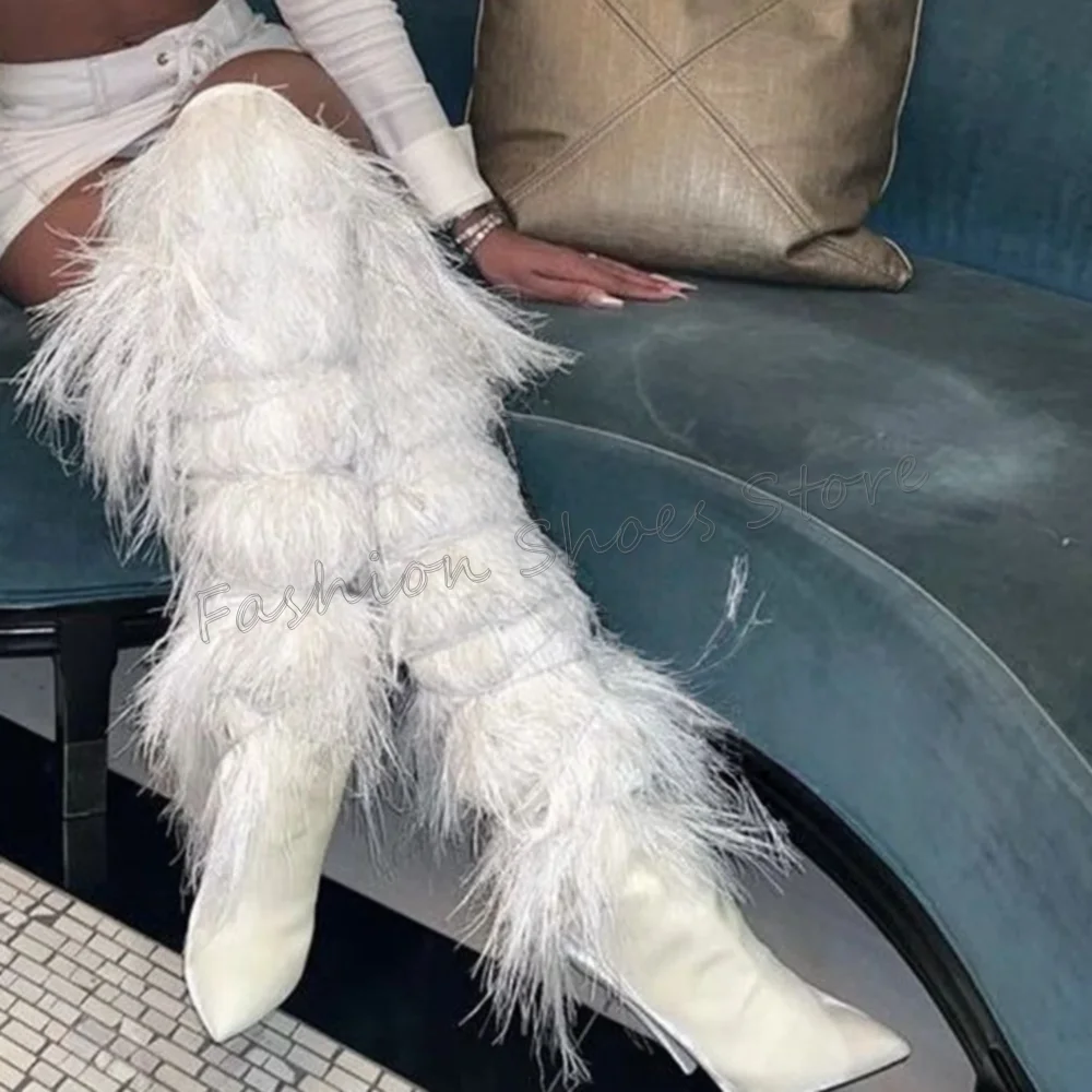 White Pointed Toe Feather Decor Boots Matte Leather for Women Thin High Heels Fashionable Dinner Party 2025 Zapatos Para Mujeres
White Pointed Toe Feather Decor Boots Matte Leather for Women Thin High Heels Fashionable Dinner Party 2025 Zapatos Para Mujeres