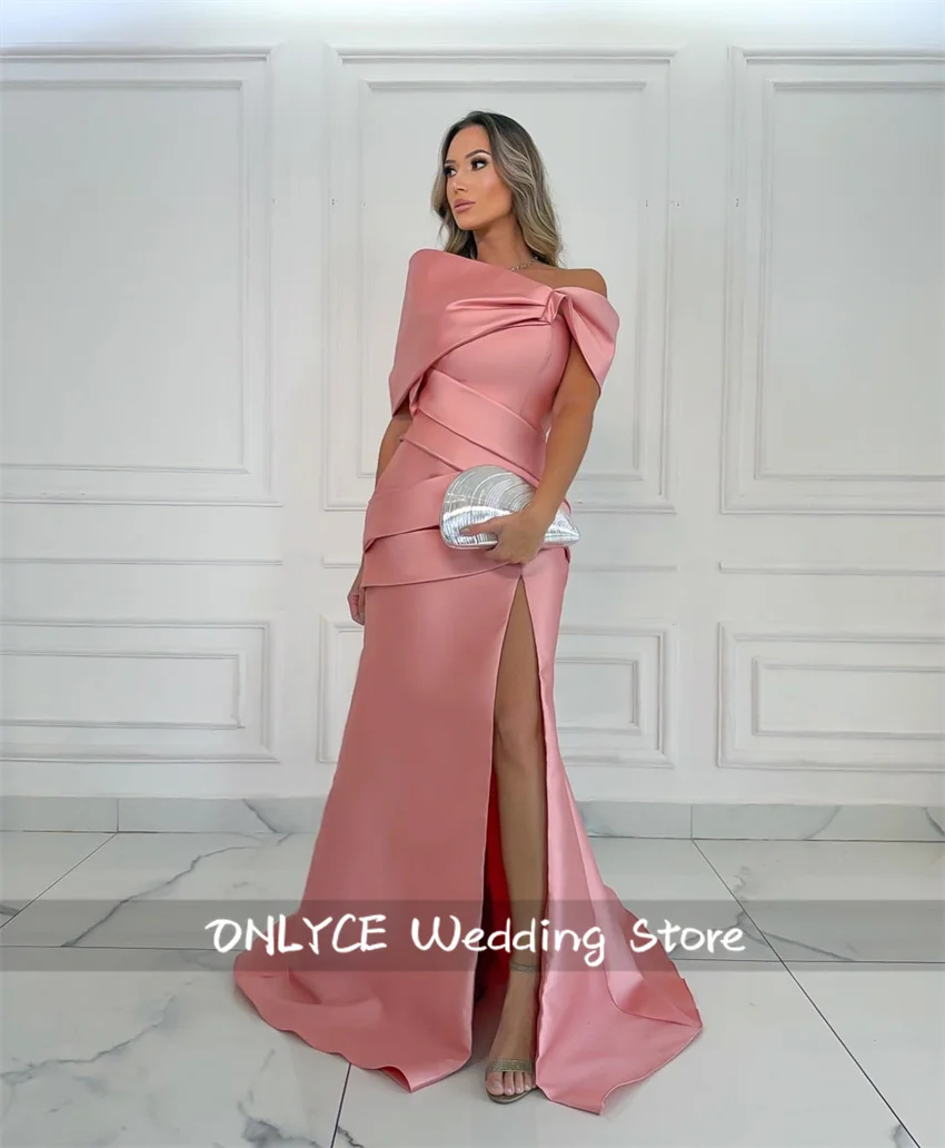 Customized Pink Evening Dresses With Split Off Shoulder Pleat Formal Evening Gown Coral Satin Wedding Party Dress
Customized Pink Evening Dresses With Split Off Shoulder Pleat Formal Evening Gown Coral Satin Wedding Party Dress