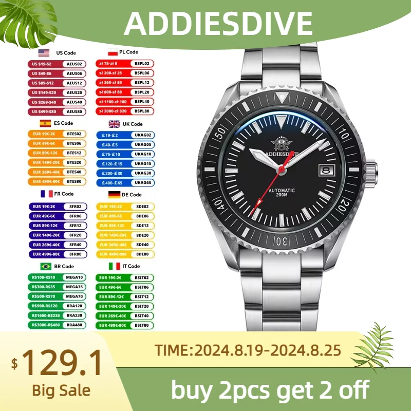 ADDIESDIVE Classic Mens Watches Stainless Steel Automatic Mechanical Watches Bubble Mirror Pot Cover Glass 200m Diver Wristwatch
ADDIESDIVE Classic Mens Watches Stainless Steel Automatic Mechanical Watches Bubble Mirror Pot Cover Glass 200m Diver Wristwatch