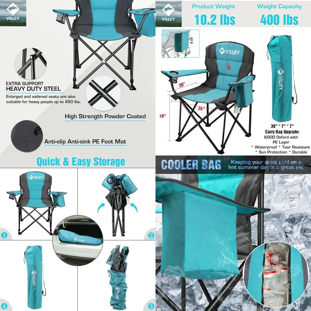 Heavy-Duty Portable Oversized Folding Camp Chair with Padded Seat, Cooler Bag, Cup Holder, Carry Bag, Blue
Heavy-Duty Portable Oversized Folding Camp Chair with Padded Seat, Cooler Bag, Cup Holder, Carry Bag, Blue