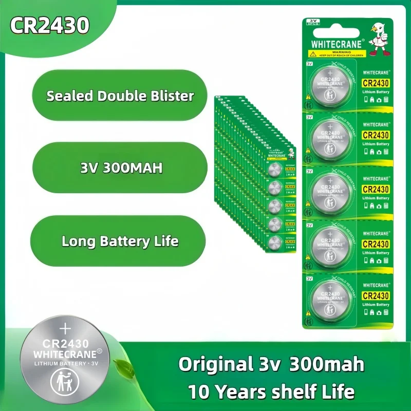 5-100 Packs CR2430 3V 300mAh Lithium Battery Coin Button Batteries for Watch Key Fob Remote Control Car Alarm Clock and More
5-100 Packs CR2430 3V 300mAh Lithium Battery Coin Button Batteries for Watch Key Fob Remote Control Car Alarm Clock and More