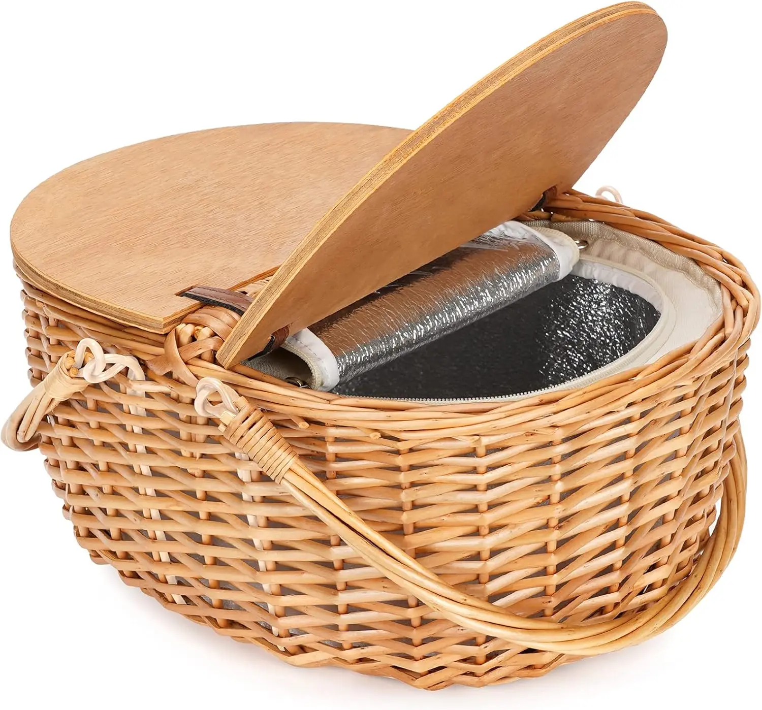 Vintage Wicker Picnic Basket with Cooler, Wooden Split Lid, Folding Handle for Outdoor Camping, Gifts
Vintage Wicker Picnic Basket with Cooler, Wooden Split Lid, Folding Handle for Outdoor Camping, Gifts