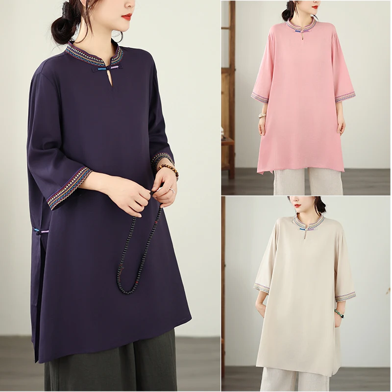 Women's plus Size Linen Base Shirt Spring Autumn New Style High Slit Midi T-Shirt Button up Traditional Chinese Style Top
Women's plus Size Linen Base Shirt Spring Autumn New Style High Slit Midi T-Shirt Button up Traditional Chinese Style Top