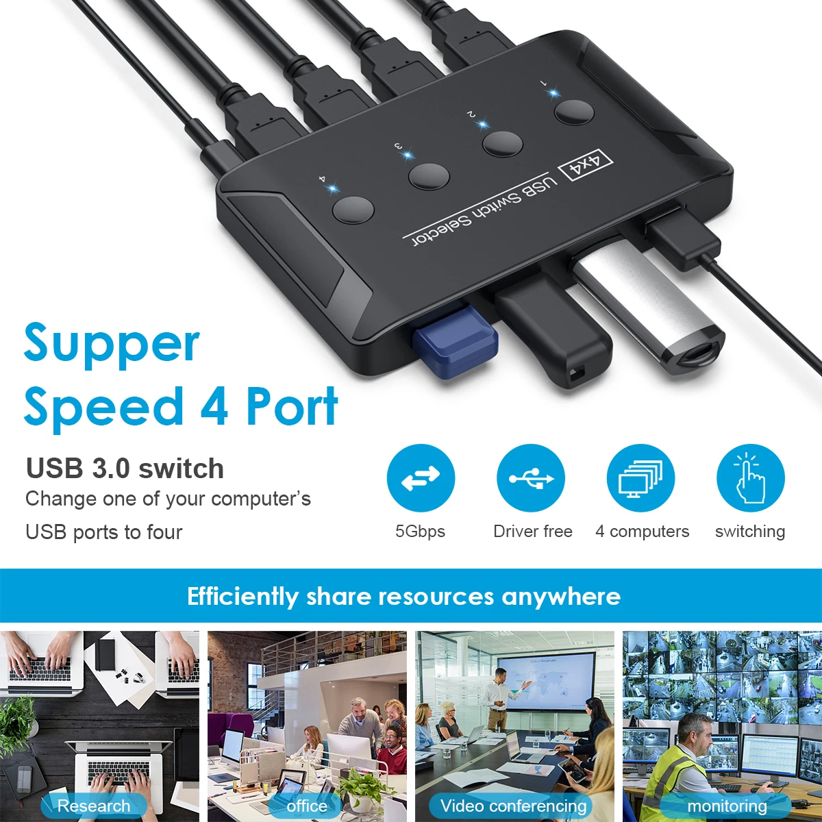 4-Port USB Printer Share Switch USB 2.0 KVM Switcher PC Sharing Splitter for Keyboard Mouse Printer Monitor USB Switcher Hubs