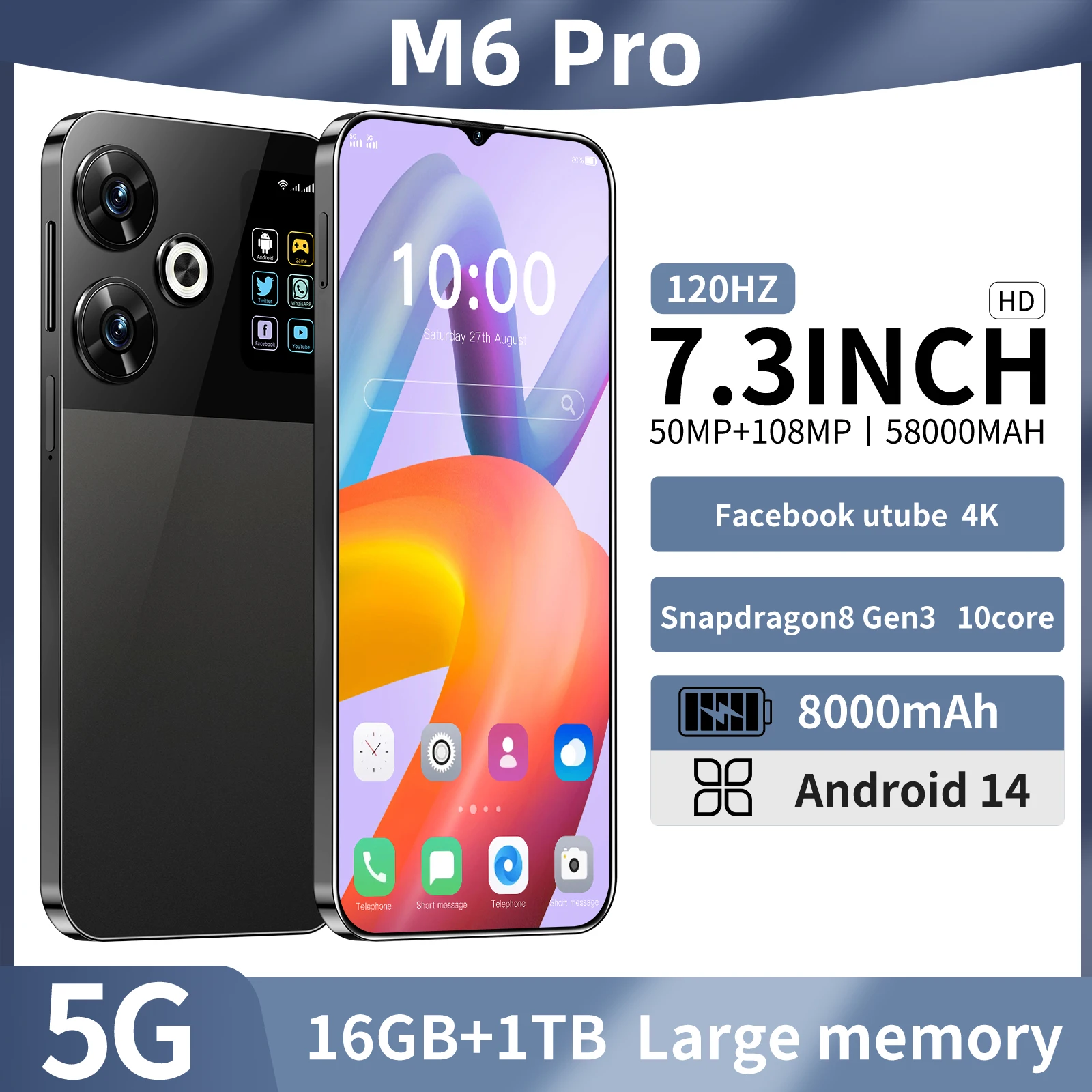 Оригинальные мобильные телефоны M6pro 7,3 HD экран смартфон 16G + 1T 5G Celulares Android разблокированный 8000 мАч сотовый телефон
Оригинальные мобильные телефоны M6pro 7,3 HD экран смартфон 16G + 1T 5G Celulares Android разблокированный 8000 мАч сотовый телефон