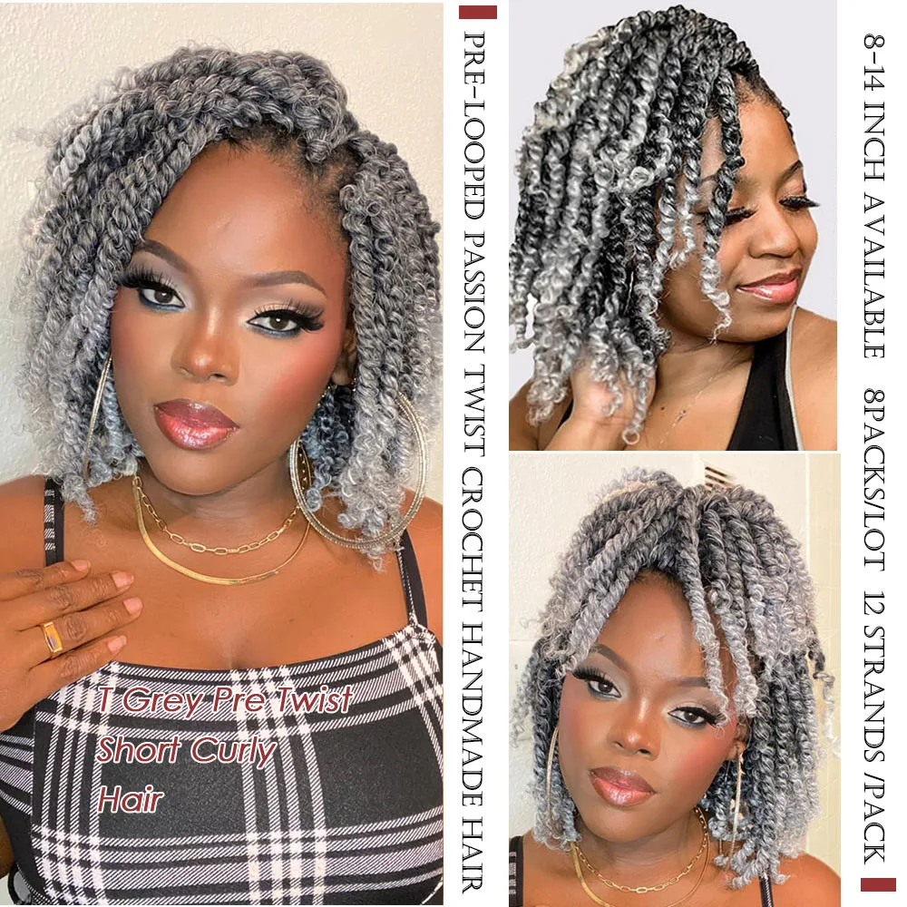 T Grey# (Each Pack of 8 Bundles) Pre Looped Passion Twist Curly Crochet Hair for Black Women, 8-12 inch Length, 12 Strands/Pack
T Grey# (Each Pack of 8 Bundles) Pre Looped Passion Twist Curly Crochet Hair for Black Women, 8-12 inch Length, 12 Strands/Pack