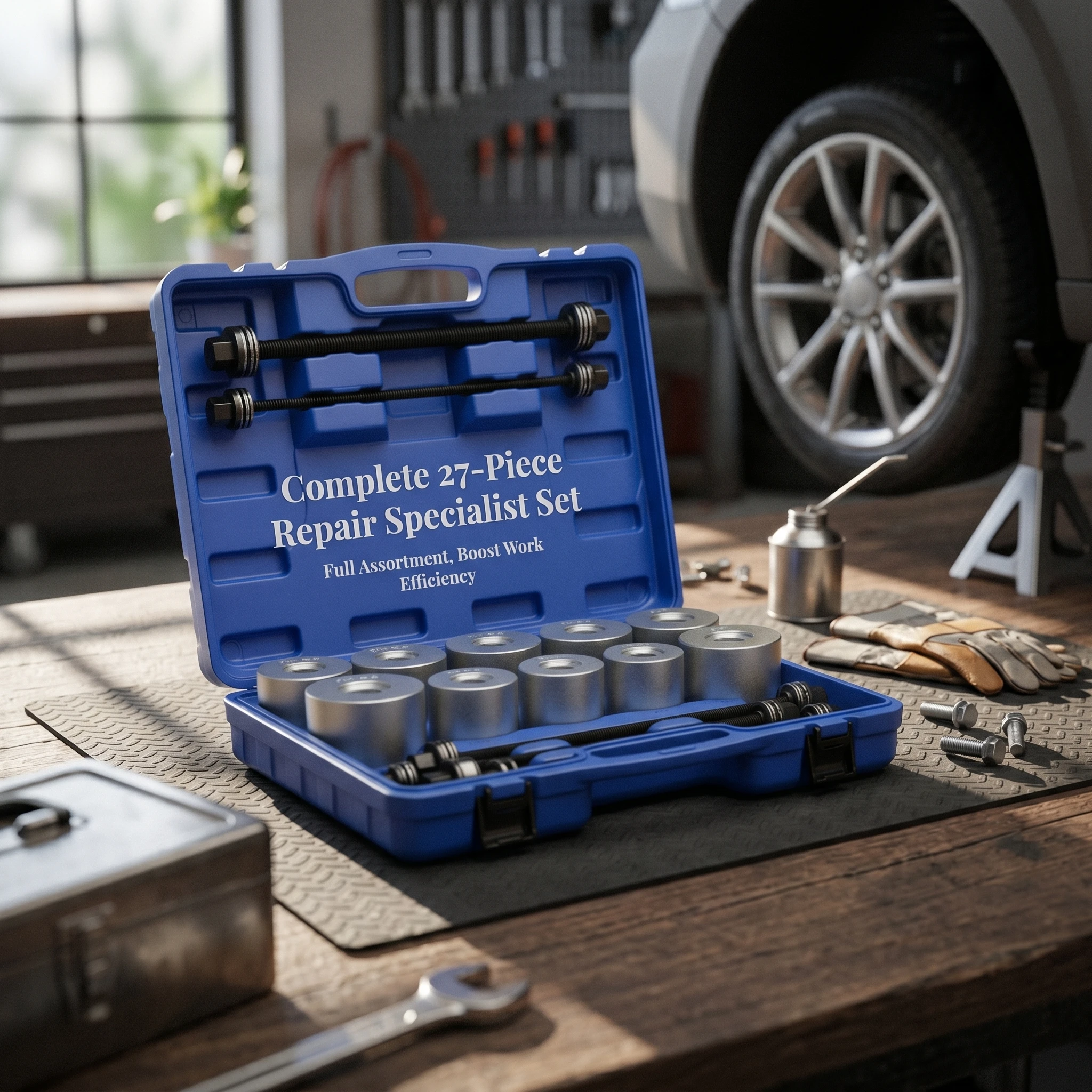 27 Pieces Vehicle Bushing Press Kit Threaded Rod Bushing Removal Tool Kit Molded Carrying Case for Mechanics
27 Pieces Vehicle Bushing Press Kit Threaded Rod Bushing Removal Tool Kit Molded Carrying Case for Mechanics