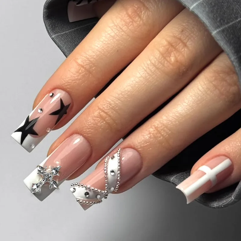 24PCS Long Square Press on False Nails Y2k Black Star Cross Chain with Rhinestone Fake Nails Nude White French Tip Acrylic Nails
24PCS Long Square Press on False Nails Y2k Black Star Cross Chain with Rhinestone Fake Nails Nude White French Tip Acrylic Nails