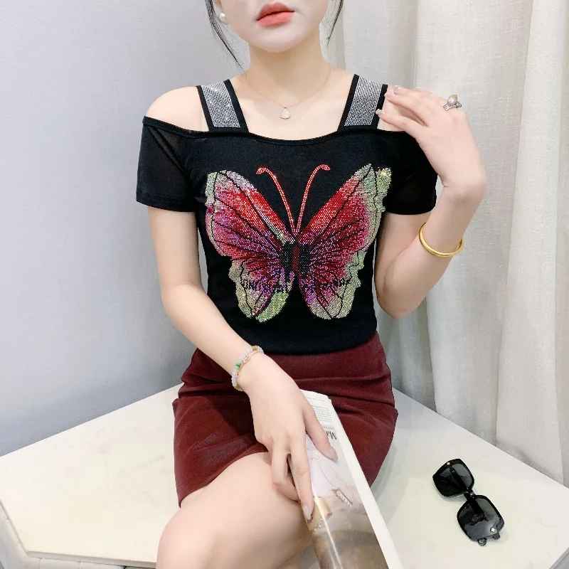 High Quality Summer Women's Shiny Butterfly Hot Diamonds T-shirt New Fashion Sexy Off Shoulder Mesh Top Ladies Short Sleeve Tees
High Quality Summer Women's Shiny Butterfly Hot Diamonds T-shirt New Fashion Sexy Off Shoulder Mesh Top Ladies Short Sleeve Tees