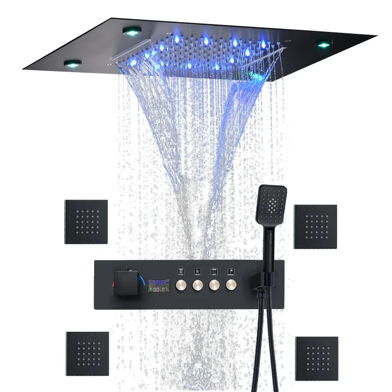 14 X 20 Inch Ceiling LED Rain Black Shower Head With Body Jets Rainfall Shower System Fixtures Thermostatic Mixer Set Kit
14 X 20 Inch Ceiling LED Rain Black Shower Head With Body Jets Rainfall Shower System Fixtures Thermostatic Mixer Set Kit