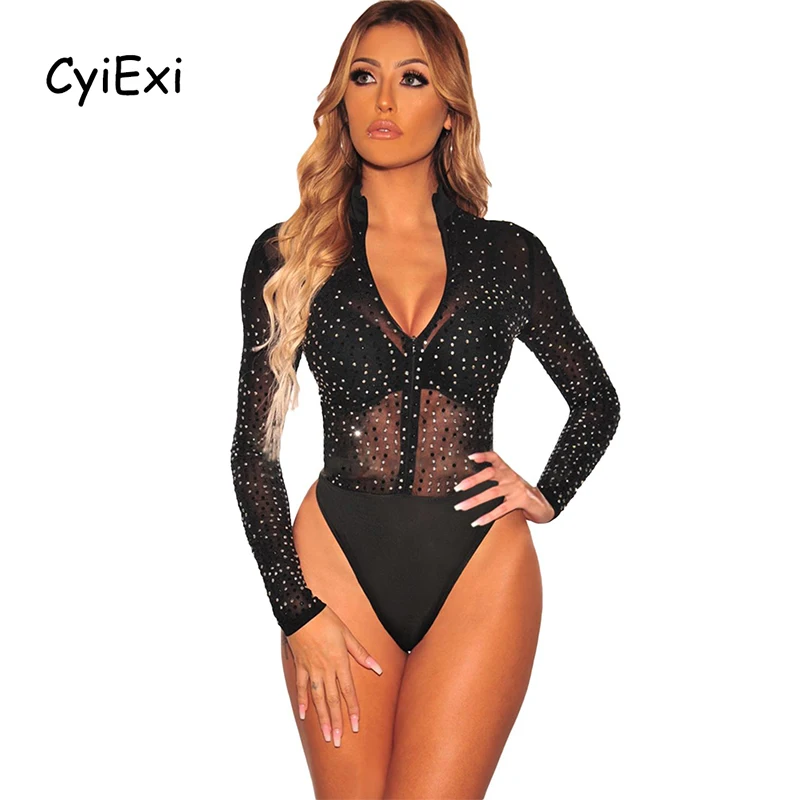 CyiExi Black Long Sleeve Silver Rhinestone Bodysuits Female Studded Mock Neck Zipper Sheer Mesh Thong Bodysuit Woman Body Tops
CyiExi Black Long Sleeve Silver Rhinestone Bodysuits Female Studded Mock Neck Zipper Sheer Mesh Thong Bodysuit Woman Body Tops