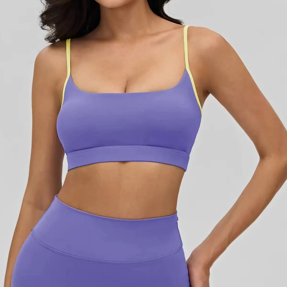 Women's sports bra with contrast thin straps, buttery-soft fabric, removable pads, square neck and sleek square open back.
Women's sports bra with contrast thin straps, buttery-soft fabric, removable pads, square neck and sleek square open back.