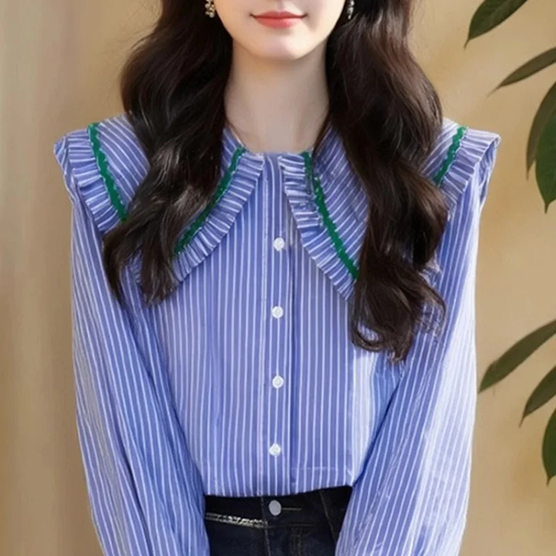 chic edged Sailor collar blouse for women korean brand elegant button up shirts blue striped long sleeve cardigan jacket
chic edged Sailor collar blouse for women korean brand elegant button up shirts blue striped long sleeve cardigan jacket