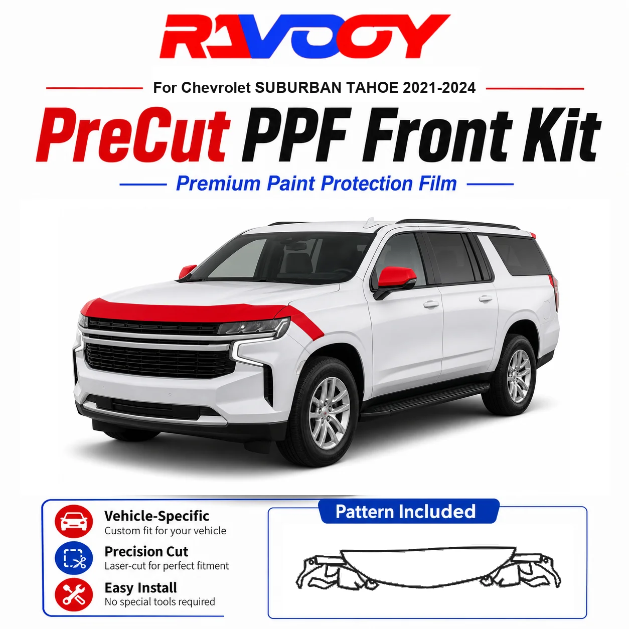 8.5mil TPU Precut PPF Kit For Chevrolet SUBURBAN TAHOE 2021-2024 - Hood, Fenders & Mirror Set - Self-Healing Clear Bra Film
8.5mil TPU Precut PPF Kit For Chevrolet SUBURBAN TAHOE 2021-2024 - Hood, Fenders & Mirror Set - Self-Healing Clear Bra Film