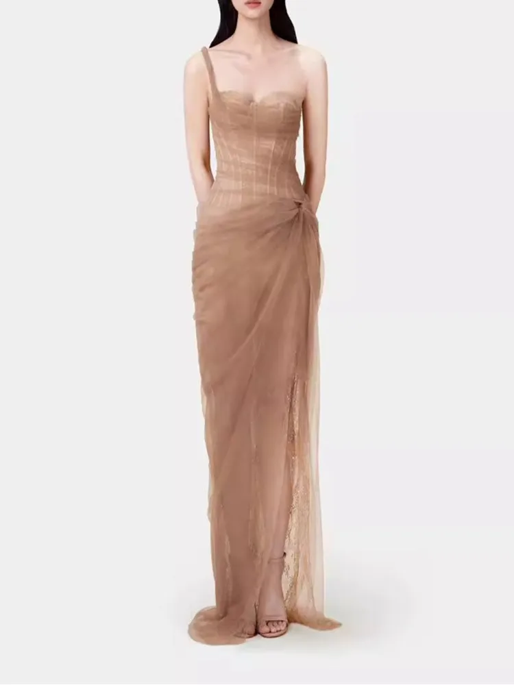 Women Sexy Summer One Shoulder Lace Long Dress Elegant Sleeveless Mesh Lace Sequin Split Bodycon Evening Prom Party Robe
Women Sexy Summer One Shoulder Lace Long Dress Elegant Sleeveless Mesh Lace Sequin Split Bodycon Evening Prom Party Robe
